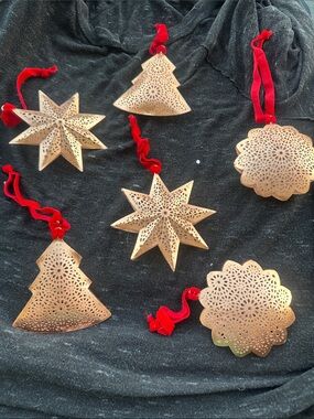 Decorative cooper vintage  Holiday Ornaments with Red Velvet Hangs - Set of 6